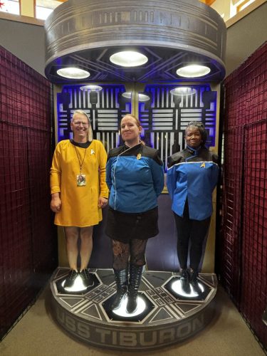 Sarah and Allie with Star Trek Science Advisor Dr. / Lieutenant Commander Erin MacDonald, PHD on the USS Tiburon Transporter
